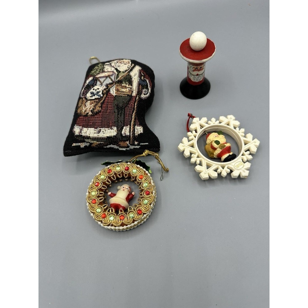 Rare Vintage MCM Round Kitschy Christmas Santa Ornament 4 Piece